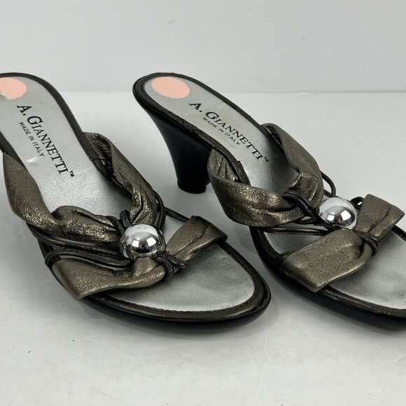 A. Giannetti Heeled Sandals Size 6.5 Beige Silver Leather Almond Open Toe - Picture 1 of 6